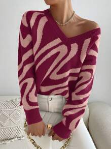 SHEIN Essnce Allover Pattern Drop Shoulder Sweater - Rose Red - View 4