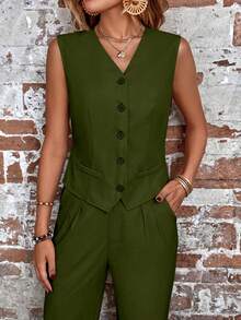 SHEIN LUNE 單色西裝馬甲和褲子套裝 - 墨綠色 - 查看 4