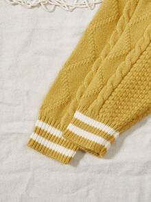 Baby Boy Striped Trim Cable Knit Cardigan - Yellow - View 7