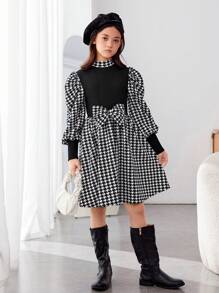 SHEIN Cô gái Tween In Houndstooth Cổ giả Ống tay áo Nơ mặt trước Đầm - màu đen - Xem 5