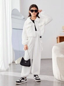 SHEIN 2pcs/Set Tween Girls' Fashionable Street Style Solid Color Double-Sided Velvet Outfit - White - View 3