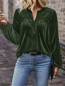SHEIN LUNE Ladies' Solid Color Button-up Half Placket Lantern Sleeve T-shirt - Army Green - View 4