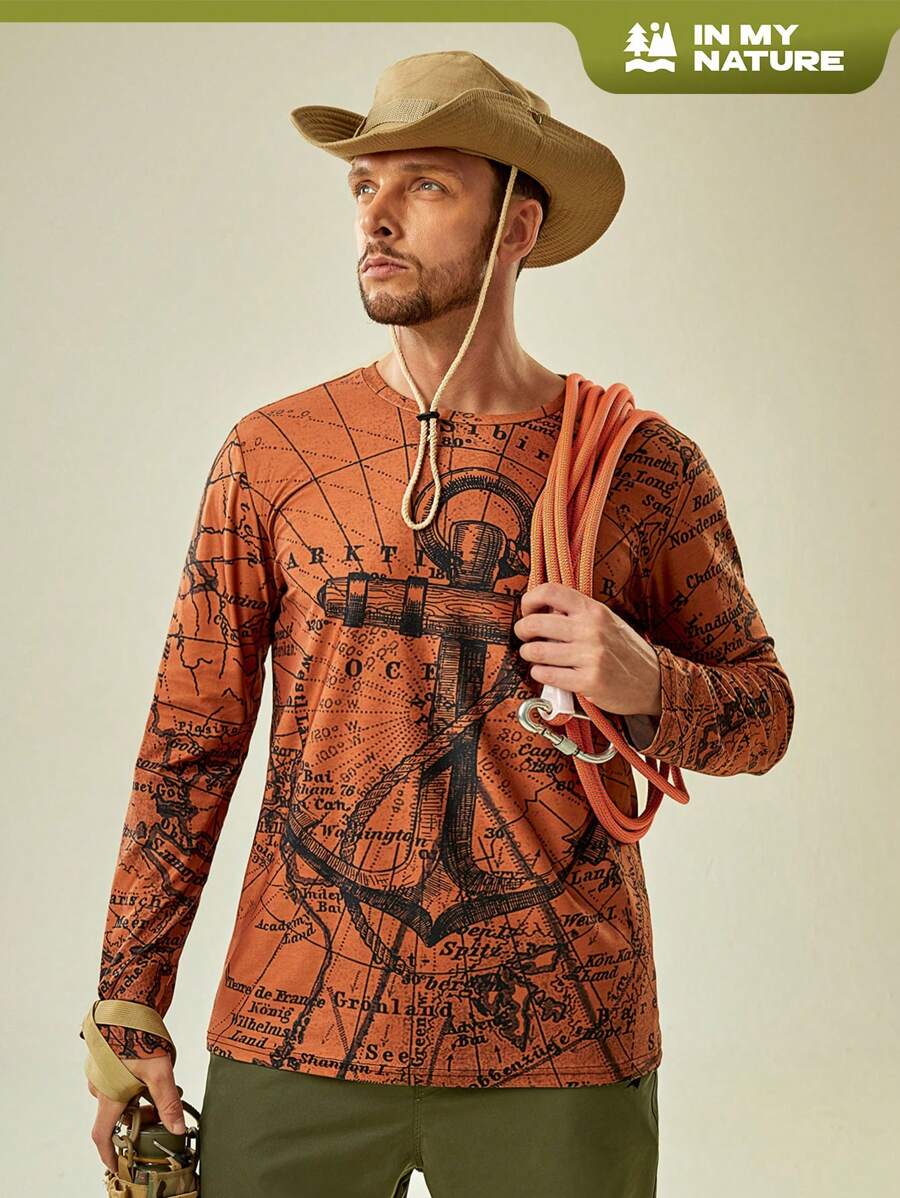 In My Nature 男士船錨和字母圖案戶外T恤 - 棕色 - 查看 1