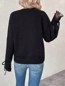 SHEIN LUNE 女士v領蕾絲拼接下垂肩毛衣 - 黑色 - 查看 2