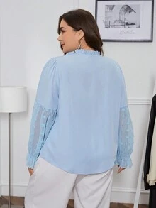 SHEIN Privé Plus Size Elegant Mesh Contrast Tie Neck Shirt - Baby Blue - View 2