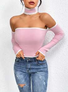 SHEIN Unity Off-shoulder Khối màu Áo len Với Cạnh cuộn Chi tiết - Hồng - Xem 4