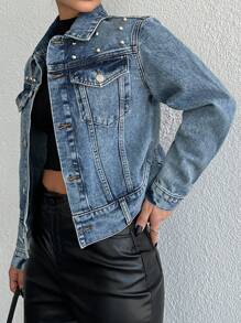 RueChic Flap Detail Beaded Denim Jacket - Medium Wash - View 4