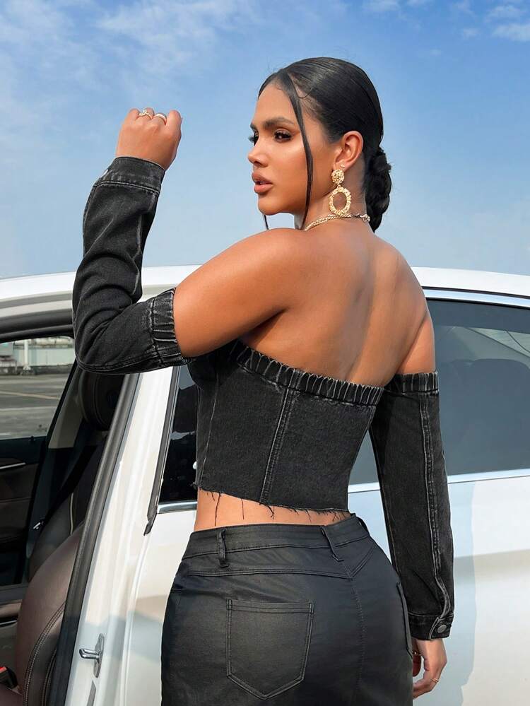 Buttoned Flap Detail Strapless Denim Top