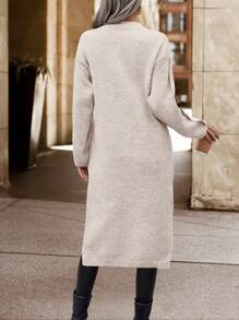 SHEIN Essnce 女士圓領下垂肩開叉下擺毛衣 - 杏色 - 查看 2