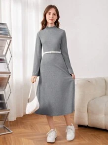 SHEIN 女性青少年針織肋紋立領喇叭袖休閒連身裙