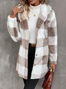 SHEIN LUNE Buffalo Plaid Pattern Hooded Flannel Coat - Khaki - View 6
