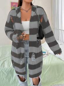 Flirla 加大碼條紋撕破式飛肩連帽長外套 - 彩色 - 查看 3