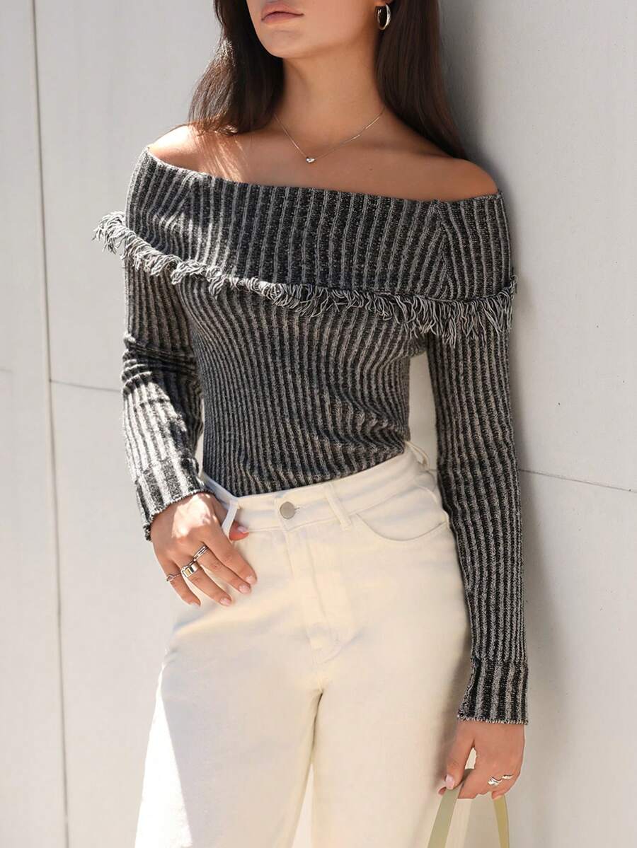 SHEIN EZwear Off Shoulder Xén Thô Áo len - Xám - Xem 1