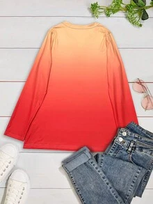 Women's Gradient Color Notch V-Neck Button Design Casual Long Sleeve T-Shirt - Burnt Orange - View 2