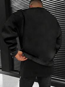 Manfinity Hypemode Hombres talla grande Sudadera con estampado de letra de hombros caídos - Negro - Ver 2