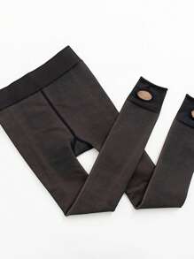 Solid Plush Lined Stirrup Tights - Black - View 3