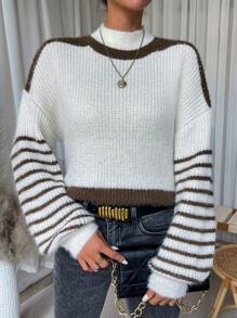 SHEIN LUNE Striped Drop Shoulder Knit Pullover Fall Winter Sweater - Beige - View 6