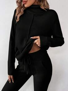 SHEIN LUNE 高領落肩休閒毛衣+毛衣褲兩件套 - 黑色 - 查看 3