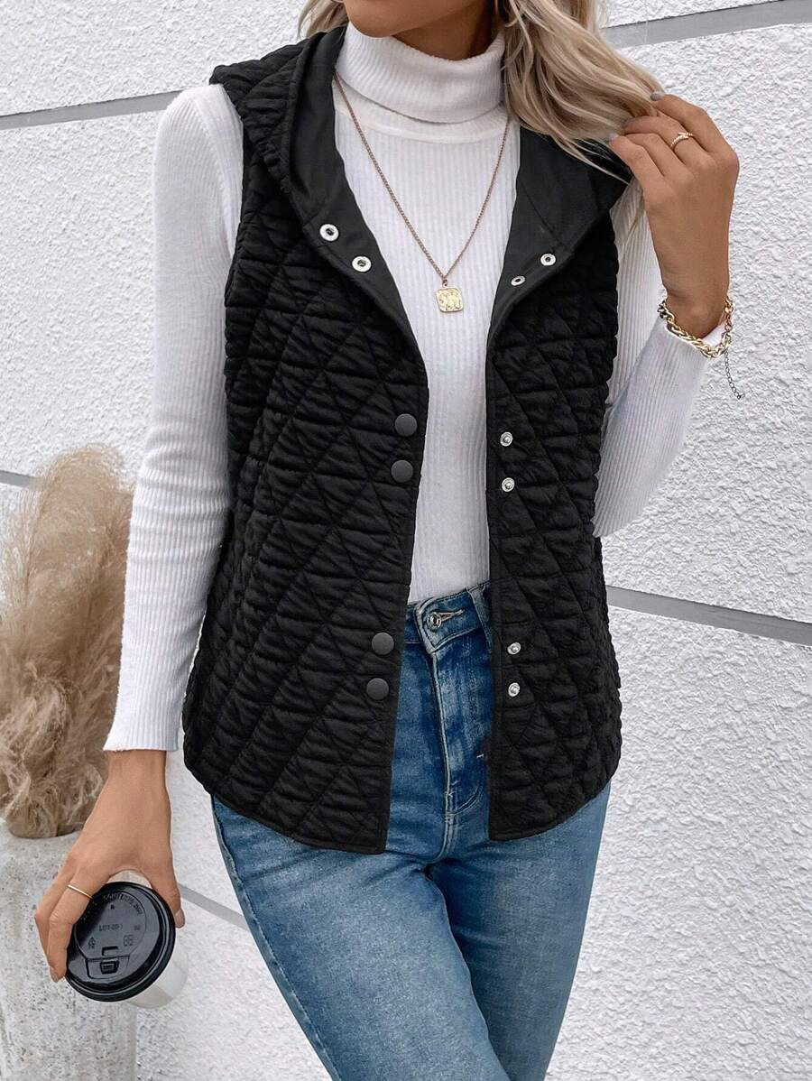 EMERY ROSE Snap Button Hooded Vest Coat - Black - View 1