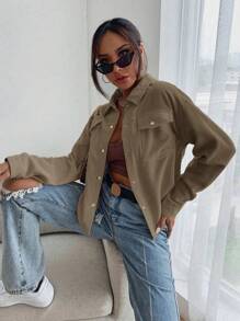 SHEIN EZwear 秋冬翻盖口袋落肩灯芯绒夹克 - 咖啡棕 - 查看 4