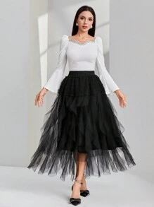 SHEIN Clasi 網拼接 揉皺 多層分層純色女士半身裙 - 黑色 - 查看 8