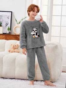 SHEIN 男孩卡通熊貓刺繡法蘭絨睡衣套裝 - 灰色 - 查看 1