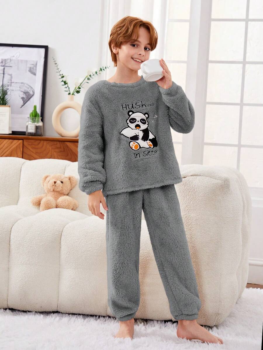 SHEIN 男孩卡通熊貓刺繡法蘭絨睡衣套裝 - 灰色 - 查看 1