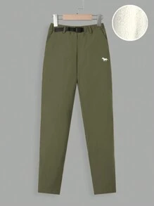 SHEIN 男大童馬印花金屬扣環腰帶長褲 - 綠色 - 查看 3