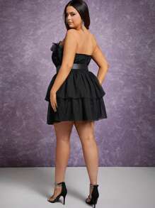 Hauture Plus Layer Hem Ruffle Tube Dress - Hitam - View 2