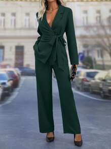 SHEIN Clasi Solid Color Wrapped Knot Blazer Suit - Dark Green - View 1