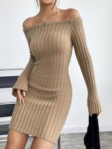 Flirla Vestido De Suéter Acampanado Y Cuerpo Ajustado Con Hombros Descubiertos