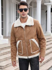 休閒 街頭口袋 拉鍊 拼接領撞色男士外套 - 駝色 - 查看 7