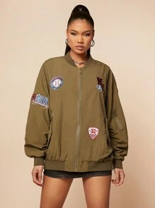 Hauture 字母拼貼褶皺駕駛夾克 - 軍綠色 - 查看 4