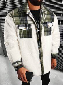 Manfinity Homme Loose Men's Plaid Patchwork Jacket - Army Green - View 1
