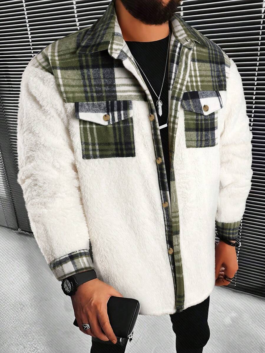 Manfinity Homme Loose Men's Plaid Patchwork Jacket - Army Green - View 1