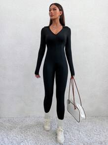 SHEIN Unity Solid Zip Up Unitard Jumpsuit - Black - View 5