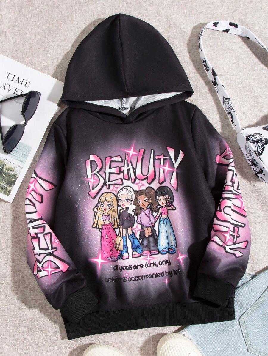 SHEIN 少女卡通文字印花卫衣 - 黑色 - 查看 1