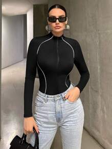 Siren Gaze Zipper Front Bodysuit Winter Black Casual - Black - View 1