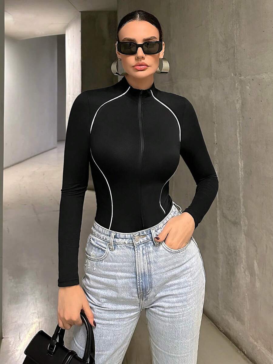 Siren Gaze Zipper Front Bodysuit Winter Black Casual - Black - View 1