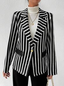 SHEIN Frenchy Striped Print Single Button Blazer - Black - View 7