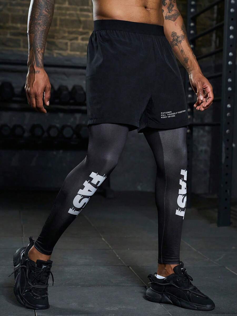 Manfinity Athleisure Men's Letter Printed 2 In 1 Sports Pants - Black - View 1