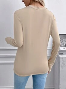 SHEIN LUNE Slogan And Shoe Print Long Sleeve T-shirt - Khaki - View 2