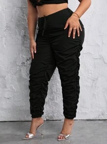 SHEIN SXY 大碼腰部抽繩褶邊長褲 - 黑色 - 查看 5