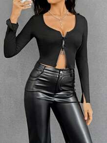 SHEIN Essnce Women's Round Neck Tee With Front Zipper - Black - View 1