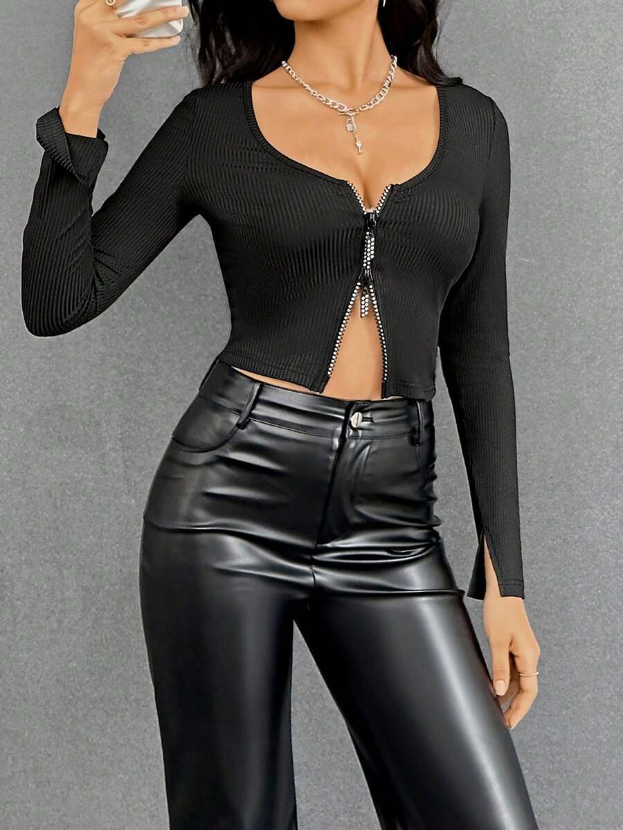 SHEIN Essnce Women's Round Neck Tee With Front Zipper - Black - View 1