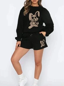 SHEIN EZwear Women's Fun Print Sweatshirt And Shorts Set - Black - View 1
