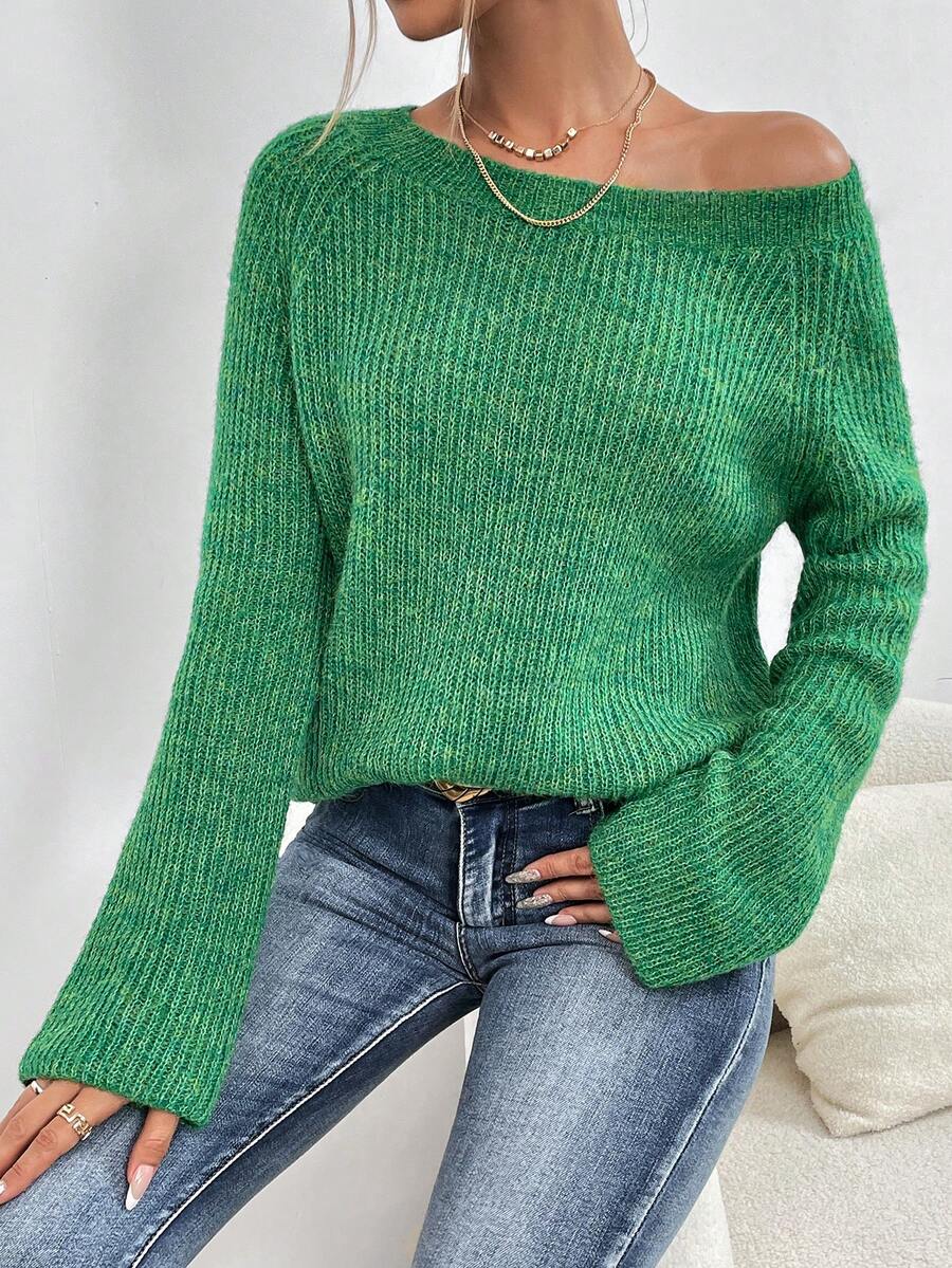 SHEIN Essnce Đúng mốt Vòng cổ Màu thuần Tay Raglan Áo len - trắng - Xem 1