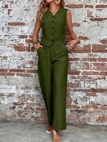 SHEIN LUNE 單色西裝馬甲和褲子套裝 - 墨綠色 - 查看 3