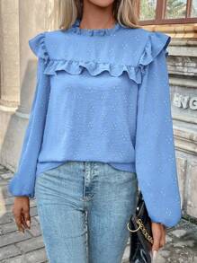SHEIN Frenchy Của phụ nữ Ruffled Tay áo lồng đèn Áo sơ mi - Màu xanh nhạt - Xem 4