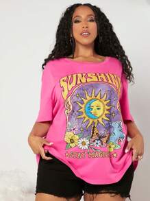 SHEIN CURVE+ Plus Size Sun And Moon Printed Drop Shoulder T-Shirt - Hot Pink - View 6